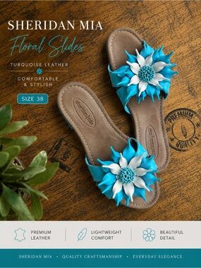 Sheridan Mia Leather Floral Slide Sandals Turquoise Blue Womens EU 38